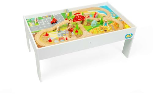 Bigjigs Rail Train Set & Table - 50 Piece Wooden Rail Activity Table with Beach, Farmer's Field, Building Site & Roadside, Kids Trains & Railway Sets, Toys & Gifts for Toddlers, 3 Year Old +