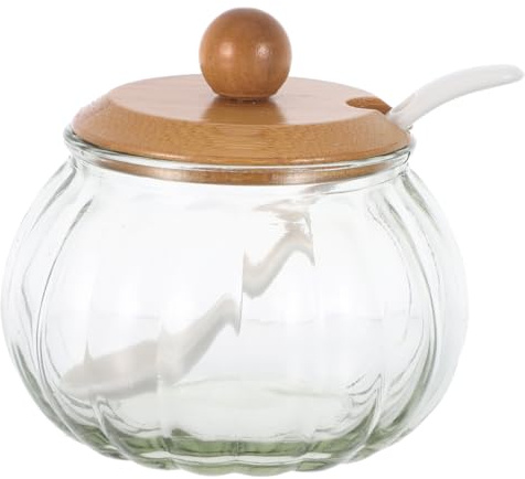 Amosfun Recipiente Vidrio Cocina Dispensador Sal Azucarero Cuchara Tarro Sal Calabaza Diseño Original
