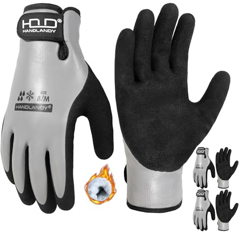 HANDLANDY Lot de 2 paires de gants de travail d'hiver imperméables, isolation thermique pour temps froid avec poignée pour homme et femme, pour congélateur, entrepôt de pêche (noir et gris, taille M)
