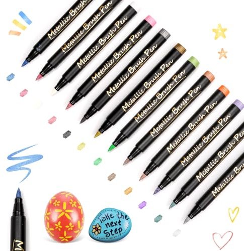 Huifoo Metallic Stifte,12 Farben Dual tip Metallic Marker Stifte Set,Acrylstifte für Steine Wasserfest für Steine Holz,Glas,Leinwand,Stein,Stoff,DIY Fotoalben,Keramik