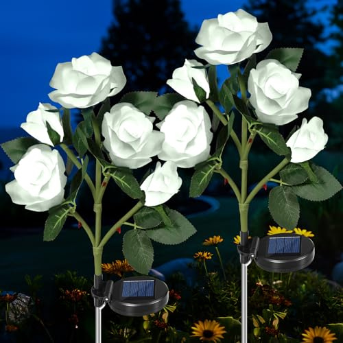 HELESIN Solarlampen für Außen Garten, 2 Stück, IP65 Wassergeschützt, Solar Blumen Außen Wetterfest, 5 Rosen Blütenblätter, Weiß