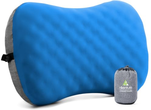 HIKENTURE Oreiller Gonflable de Camping et Voyage - Ergonomique, Ultraléger et Compact - avec Mousse et Taie Amovible - Coussin Gonflable de Camping pour Extérieur, Randonnée, Trekking ou Plage - Bleu