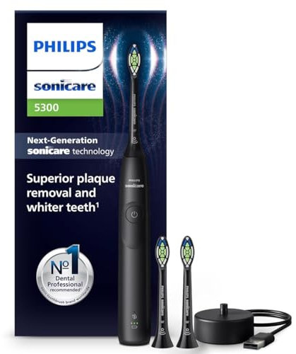 Philips Sonicare 5300 - Brosse à dents électrique sonique avec 2 niveaux d'intensité, Alerte de pression, EasyStart, SmarTimer et BrushPacer, Noir, modèle HX7101/04 [Nouvelle technologie]