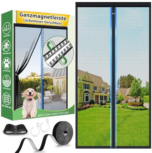 HOFUDON Fliegengitter Tür 90x200 cm, Ganze Durchgehender Magnetverschluss ohne Lücken für Fiberglas Insektenschutz Fliegengitter Balkontür Magnet ohne Bohren, Reißfest, Wetterfest, 4cm Klettband Oben
