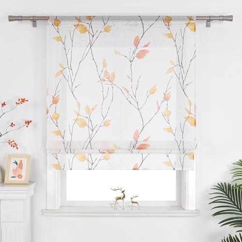 Joyswahl Raffrollo mit Tunnelzug Landhausstil Raffgardinen Wohnzimmer Weiß Fenster Vorhänge Transparent mit Blatt- und Blumenmuster BxH 100x140 cm Orange 1er Pack