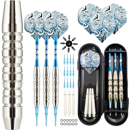 Genossen dartpilar med plastspets, 18 gram, 3 stycken professionella dartpilar för elektronisk darttavla, mjuka dartpilar med 30 plastdartspetsar, 3 flygningar och förvaringsväska (silver)