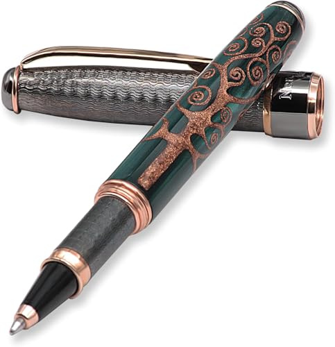Grifos - Penna Roller 'L'Albero della Vita' di Klimt - Design Elegante in Resina Verde e Argento Placcato Oro Nero - Made in Italy