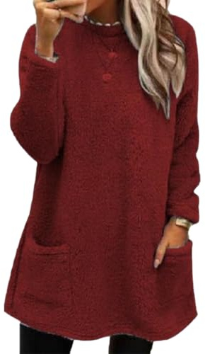 Sudaderas sin Capucha Mujer Jersey de Forro Polar Suelto Sólido Manga Larga | Sudaderas Suéter con Bolsillos Sudadera Mujer Oversize Manga Larga Otoño Casual Cuello Crew Sin Capucha