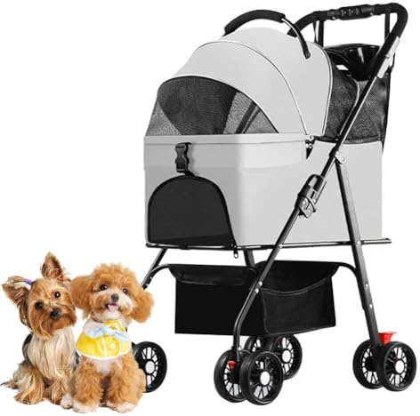 PJDDP hundvagn för små hundar 15 kg, kattvagn med avtagbar bärsele, hundvagn med förvaringskorg och mugghållare, hopfällbar med ett klick för dagliga promenader och utomhusbruk,Gray