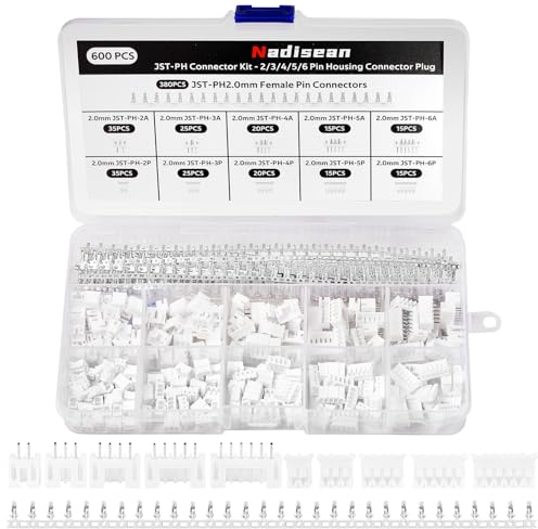 Nadisean 600 Stk JST Stecker Kit, JST-PH, 2,00mm Pitch Weiblich Pin Header, 2/3/4/5/6 Pin Gehäuse, Adapter Kabel Stecker Buchse, Weiß Platinenstecker mit Aufbewahrungsbox für Elektronischer, LED