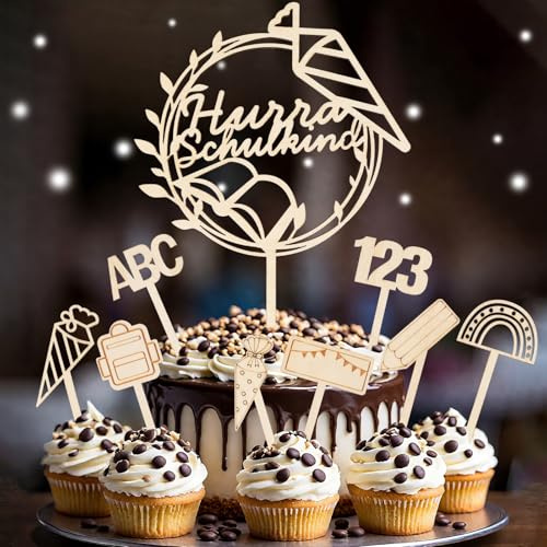 Tortendeko Einschulung, 9 Stk Schulkind Tortendeko Holz Kuchendeko Schulanfang, ABC 123 Cake Topper Einschulung Deko für Jungen & Mädchen