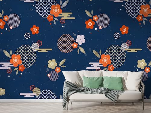Boceoey Papier Peint Panoramique Japon Fleur - Papier Peint Intissé Autocollant - Géométrie Japonais Décoration Murale - Adhésif Mural pour Salon Chambre, 200x140 cm - M-573