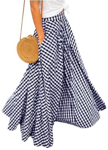 Fronage Gingham Tiered Maxi Skirts for Women UK Plaid Skirt High Waist Long Skirt A Line Midi Skirt with Pockets Blue