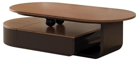 Table Basse Ovale Contreplaqué Massif Finition Noyer Coffee Table avec Tiroirs Silencieux Piètement en Métal Peint Tables Centrale Angles Arrondis pour Salon, Bureau