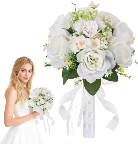 Qeedy Wedding Bouquet for Bride – 8 Inch Artificial Silk Roses, Realistic Bridal & Bridesmaid Bouquet for Ceremony, Church, Anniversary, and Home Décor (White)