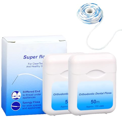 2 Pack 2-In-1 Superfloss Zahnseide mit Einfädler, 200 Stück Zahnseide Superfloss für Zahnspangen, Implantate & Brücken, Expandierend & Gewachst,Leichte Minze,Zahnseides Zahnspange für Enge&Weite Räume