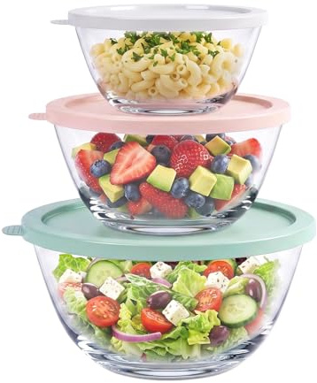 Greentainer Salatschüssel mit Deckel, Rührschüsseln Set aus Glas, Stapelbare Nesting-Schüssel-Set für Küche,Große Schüsselset,2.7L/1.5L/0.7L,Servierschalen ideal zum Mischen und Servieren