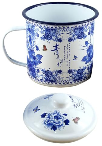 WHAMVOX Taza Esmaltada Vintage de Porcelana Azul y White de 500ml Tapa, Fácil de Limpiar y Resistente, Adecuado para Oficina y Actividades al Aire Libre