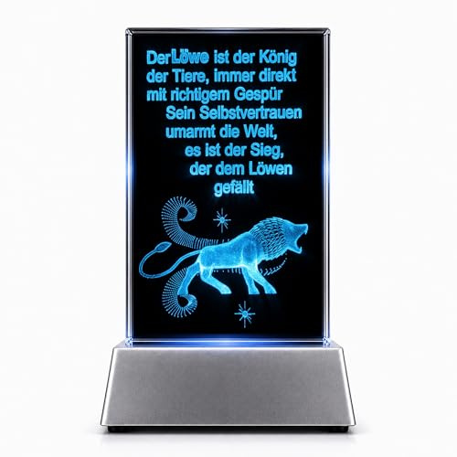 Kaltner Präsente Löwe Sternzeichen Kristall Glasblock mit Spruch Gravur 3D Laser LED Licht Nachtlicht Geschenk Dekoration Löwe Geschenkidee