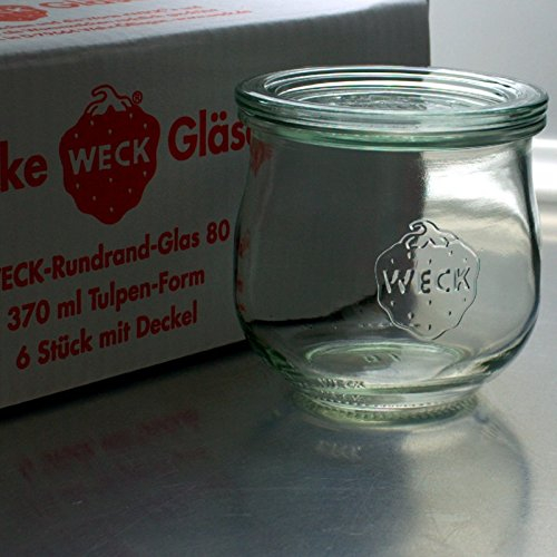 Weck 6 tarros de cristal con forma de tulipán, 370 ml, RR80, con tapa de cristal