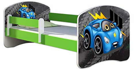 ACMA Kinderbett Jugendbett mit Einer Schublade und Matratze Grün mit Rausfallschutz Lattenrost II 140x70 160x80 180x80 (04 Blaue Auto, 160x80)