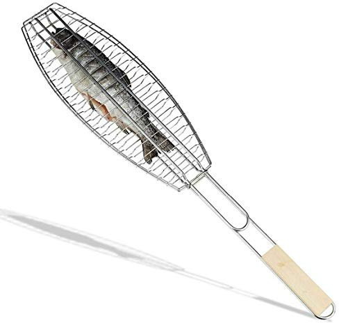B-BLACK GRATICOLA per Pesce Un Posto GRIGLIA per Un Pesce Barbecue 35 X 14 CM con Manico in Legno