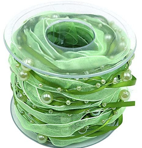ANCLLO 10M Künstliche Perlenband Chiffon-Band und Organza-Spitze-Band-Ordnungen für Hochzeits-Blumen-Weihnachtsbaum-Dekoration Nähen Handwerk Verpackung (Grün)