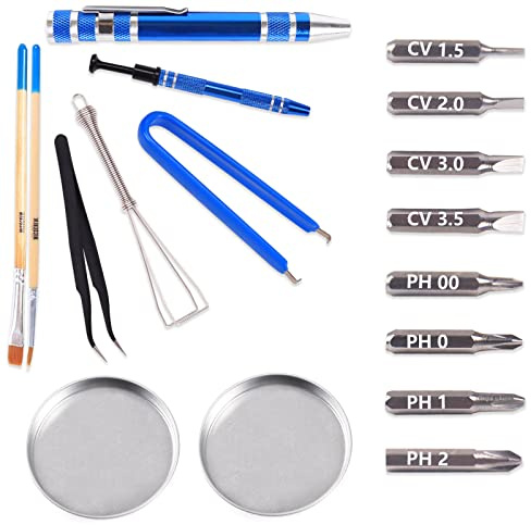 Byhoo Kit de lubricante para Teclado mecánico de 17 Piezas con 2 bandejas Redondas, Contiene Destornillador y cepillos de Madera para Teclado mecánico, con Extractor de Teclas y Extractor de
