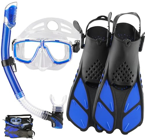 HH HHAO SPORT Schnorchelset Erwachsene mit Flossen,Schnorchelausrüstung in Reisegröße mit Kurzen Verstellbaren Schwimmflossen, Hochwertige Tauchermaske und Dry Top Schnorchel, mit Tragetasche