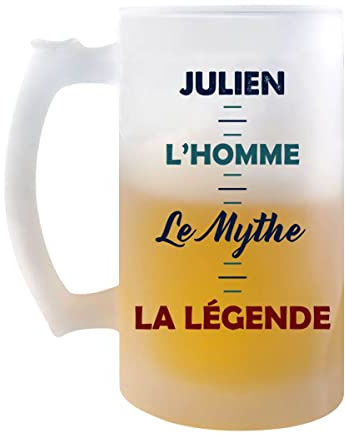 Planetee Chope de bière Julien Mythe Légende - cadeau idée anniversaire Fête des Pères Humour - Verre givré 470 ml avec poignée Alcool Pinte