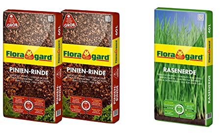 Floragard Mulch Pinienrinde 25-40 mm 2x60 L • grob • dekorativer Bodenbelag 120 L & Floragard Rasenerde 40 L • hochwertige Spezialerde • zur Neuanlage, Pflege und Ausbesserung von Rasenflächen
