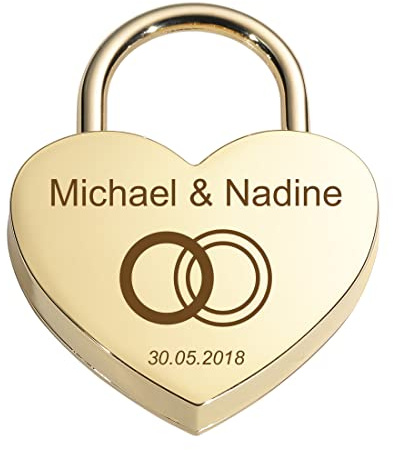 Herz Liebes-Schloss Vorhängeschloss Gold personalisierte Gravur - Motiv Zwei Ringe - Metall Bügelschloss - Geschenkbeutel - Valentinstagsgeschenk Jahrestag - Pärchen Paar Mann Frau - present