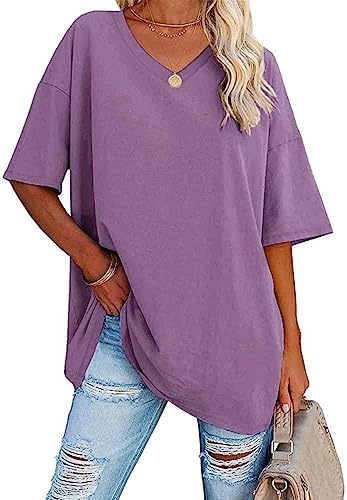 WINKEEY Camisa de Manga Corta de Color sólido para Mujer Camiseta básica Suelta de Verano Cuello en V Casual tee Tops
