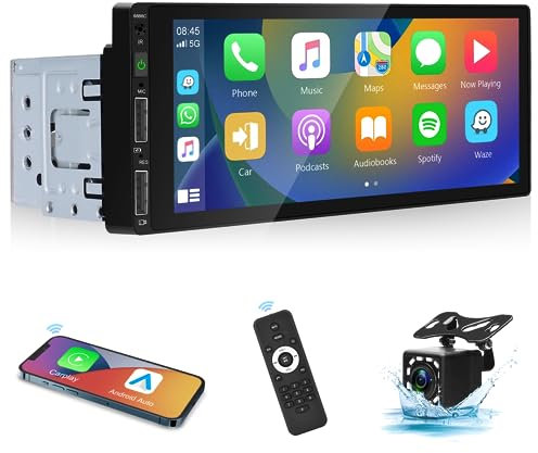 Hodozzy Inalámbrico Carplay Radio Coche 1 DIN Android Auto con 6.86 Pulgada Pantalla Autorradio Bluetooth, Touchcreen con Mirror Link/FM/USB/AUX/SD/Micrófono+12 LED Cámara Trasera