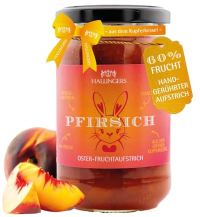 Hallingers Genuss Manufaktur Fruchtaufstrich Oster-Geschenk - Hand-gerührt im Kupferkessel feinste Früchte im wertigen Glas Oster Fruchtauf... Pfirsich, Ostern Körbchen für Frauen Männer