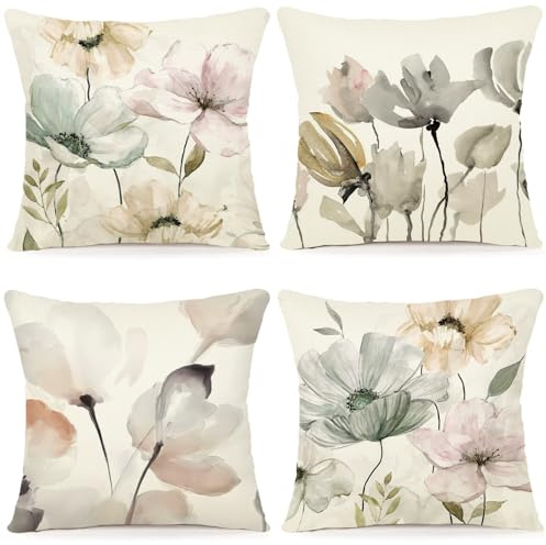 ZWJD Blumen Kissenbezug 60x60 4er Set Outdoor Kissen Dekokissen Leinen Kissenhülle Kissenbezüge Florales Aquarellgemälde Kissenhüllen für Sofa Wohnzimmer Zierkissen 60x60cm