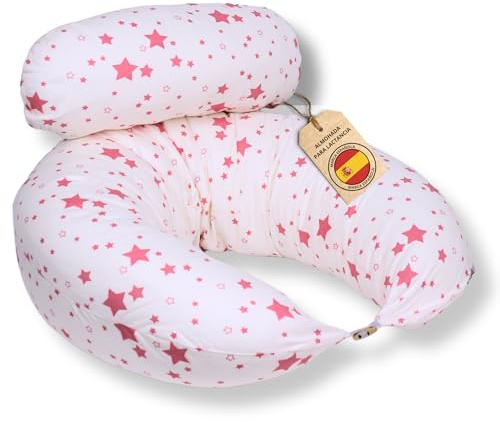 HOME DESIGN & CONFORT® Cojín de Lactancia XXL con Tela 100% de Algodón | Almohada para Embarazada con Relleno Lavable (Blanco y Rosa)