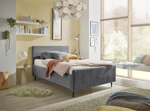 Stella Trading Polsterbett 120x200 Peach in Cord-Optik, Bettgestell mit gepolstertem Kopfteil & Holzfüßen, modernes Stoffbett, ohne Matratze & Lattenrost, Dunkelgrau