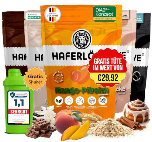 Haferlöwe Haferkur 35 Tage Starter Set, Hafertage in 5 Geschmacksrichtungen | Inkl. Gratis Shaker und Leitfaden | Protein Shake | Leckerer Diät Hafershake | DIA2® Ernährung