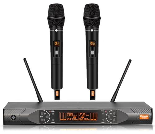 Zenolix Wireless Microphone System, Metal Dual UHF Cordless Handheld Dynamic Karaoke Mic Set, Auto Scan, Long Range 200ft for Home Karaoke Singing, DJ Party, Church, Wedding, Speech (UM203)