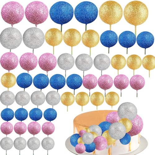 52 PCS Ball Cake Topper Foam Balls Cake Decorations Valentine's Day Cupcake Toppers Sticks Insert Bubble Balls for Birthday Wedding Disco Anniversary Baby Shower Party Cake Decor Supplies