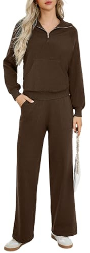 Totatuit Survêtement Femme Ensemble Jogging Tenues 2 pièces pour femmes sweat-shirt à manches longues demi-fermeture éclair jambes larges ensembles de salon Marron，XXL