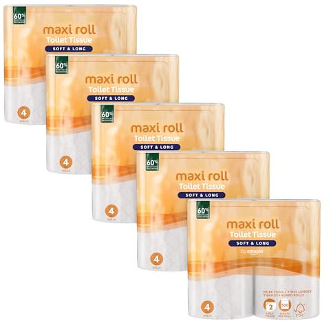by Amazon Carta Igienica (MAXI Rotolo), 2 Veli Trapuntata, Soffice e Delicata, 20 Rotoloni (5 Confezioni da 4), 500 Strappi per Rotolo, Certificata FSC