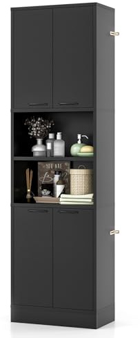 LIFEZEAL Mobile Bagno, Mobiletto Bagno Salvaspazio in Legno, 30x56x190cm, Armadietto Alto con 2 Ripiani Aperti e 4 Ante, Credenza Multiuso da Cucina e Soggiorno, Mobile Dispensa (nero)