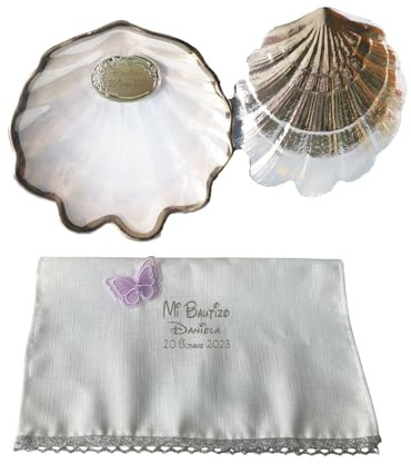 DOCOLASTRA Concha Bautismal y Pañuelo de Bautizo Incluido, Filo y Trasera Plateados o Dorados, Personalizable en Varias Tipologías de Letra (Filo y Trasera Plateada)