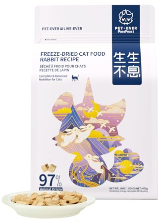 PET-EVER PureFeast gefriergetrocknetes Katzenfutter, 97% tierischen Ursprungs, weiches trockenes rohes Katzenfutter, Katzenleckerli und Toppings (400g, Kaninchen)