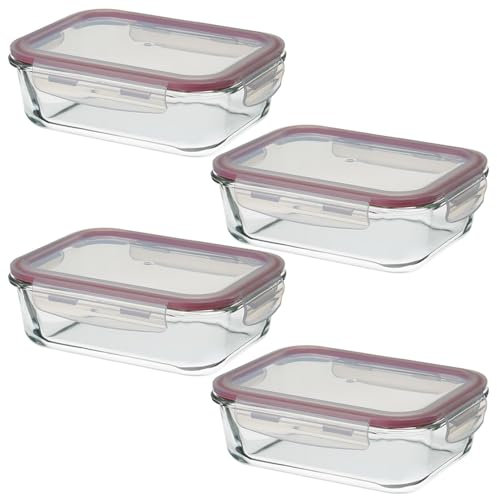 LOLAhome Set de 4 fiambreras de cristal con tapa hermética de 1040 ml. Juego de 4 recipientes herméticos de vidrio de borosilicato transparente apto para microondas, horno hasta 400ºC y congelador.