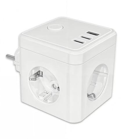 Silver Electronics - Cubo multienchufe E-Block 3 Tomas + Interruptor, 2 USB-A + 1 USB-C, Smart WiFi y Bluetooth con Medidor de Consumo, Protección IP20 contra sobretensiones