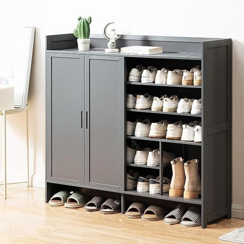Zapatero De Entrada Con Puertas Correderas,Gabinete De Almacenamiento De Zapatos De Bambú De 5 Niveles Organizador De Zapatos Independiente,Moderno Zapatero For Pasillo Sala De Estar(Gray,117x32x106cm