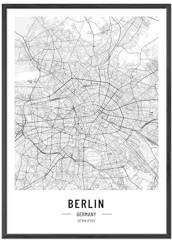 JUNOMI® Berlin Poster DIN A4 mit Rahmen Schwarz, DIN A4 Wohnzimmer Deko, Modernes Wandbild, Berlin Bild, Wandbild mit Rahmen, Stadtplan Poster Berlin, perfekte Geschenkidee für Berliner